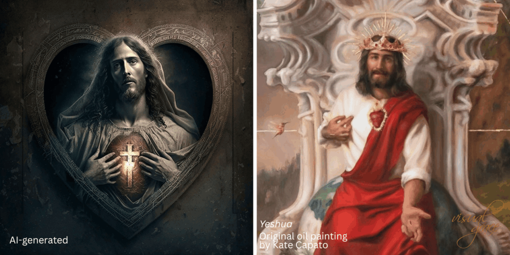 a comparison of an AI generated image of Jesus with many inaccuracies next to original sacred art from Kate Capato