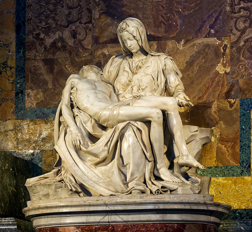 Image of Michaelangelo's Pieta, Mother Mary cradling the body of Christ after He is taken down from the Cross